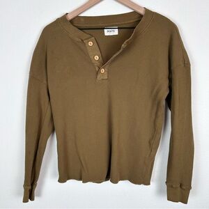 Mate The Label Waffle Knit Henley Top Long Sleeve Green Organic Cotton Small